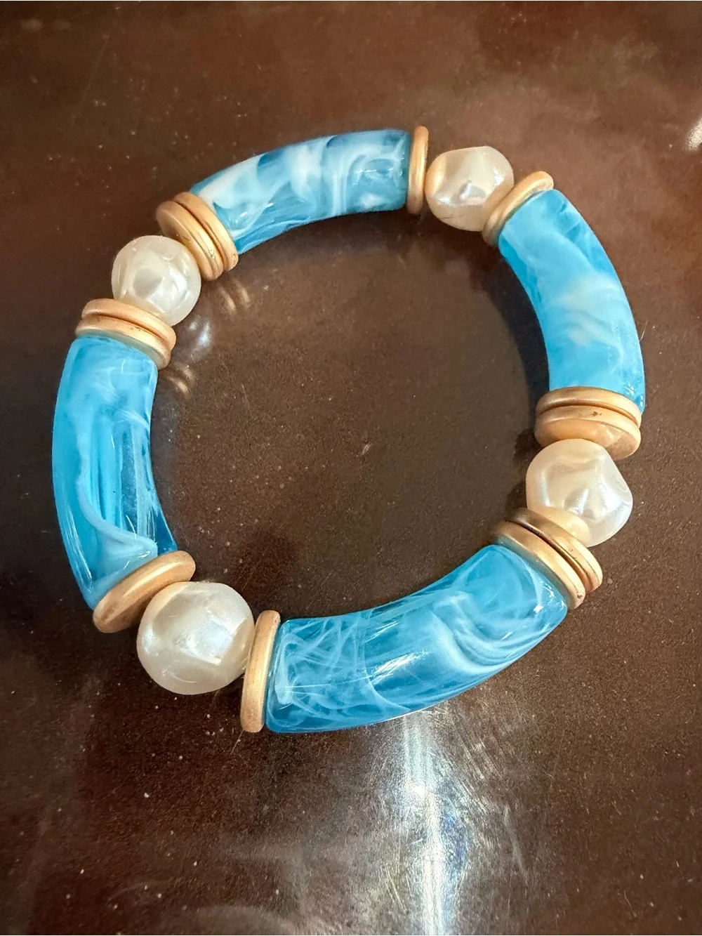 Blue and Yellow Beaded Stretch Bracelet Set, Pearl Gold Accents. Plunder- pick 3